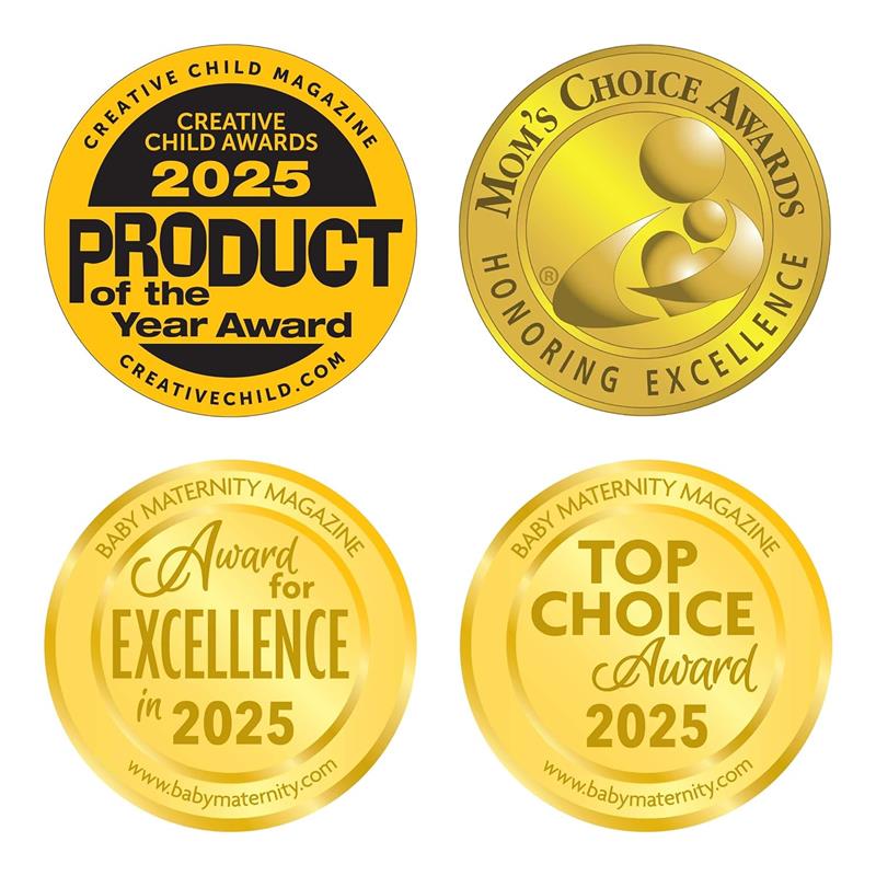 Four award seals: Creative Child Magazine 2025 Product of the Year, Mom’s Choice Awards Honoring Excellence, Baby Maternity Magazine Award for Excellence in 2025, and Top Choice Award 2025.