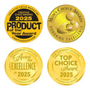 Four award seals: Creative Child Magazine 2025 Product of the Year, Mom’s Choice Awards Honoring Excellence, Baby Maternity Magazine Award for Excellence in 2025, and Top Choice Award 2025.