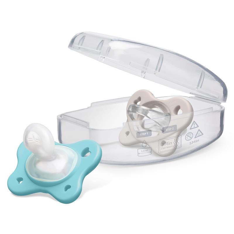 Dual pack of Chicco Physioforma pacifiers in grey and ultramarine for ages 6-16 months, presented in a clear case.