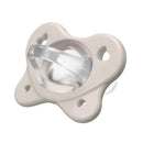 Soft grey and ultramarine pacifier with a rounded nipple and multiple ventilation holes, designed for infants 6-16 months.