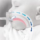 Chicco Physioforma Dual Soft Pacifier in grey and ultramarine shown in use by an infant, illustrating airflow direction around the pacifier.