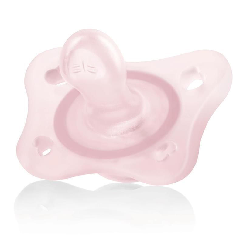 Orthodontic pacifier set in pink, featuring a soft, rounded nipple and a contoured shield for comfort.