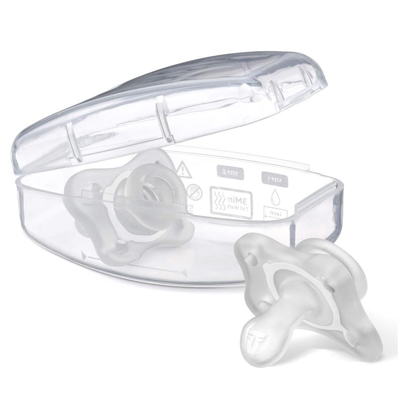 Two pink orthodontic pacifiers in a clear storage case, indicating the Chicco Feeding - Physioforma Mini brand.
