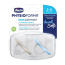 Chicco Physioforma orthodontic silicone pacifiers in blue and green for 6-16 months, BPA free, with reusable sterilizing case.