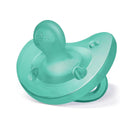 Orthodontic silicone pacifier in blue/green, designed for infants aged 6-16 months, featuring ventilation holes and a rounded end.