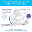 Orthodontic silicone pacifier in blue and green for babies 6-16 months, featuring a slim nipple, ergonomic design, and ventilation holes.