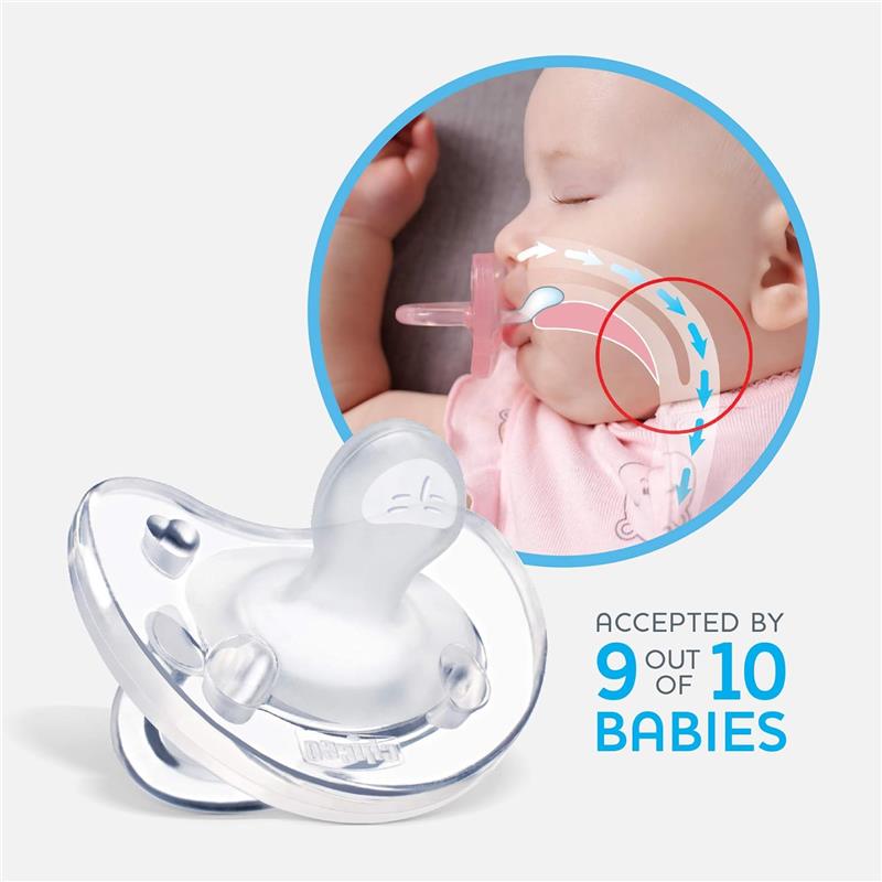 Orthodontic silicone pacifier in blue and green for babies 6-16 months, showing a baby sleeping with the pacifier and a graphic of its design.