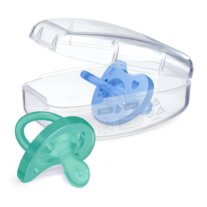 Chicco Physioforma orthodontic silicone pacifiers in blue and green, packaged in a transparent case, suitable for ages 6-16 months.