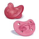 Chicco Physioforma orthodontic silicone pacifiers in dark pink, designed for ages 16-24 months, featuring heart-shaped holes.