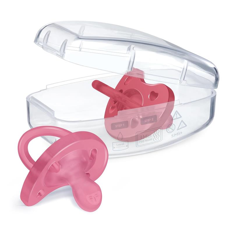 Chicco Physioforma orthodontic silicone pacifier in dark pink, suitable for ages 16-24 months, displayed in a protective case.