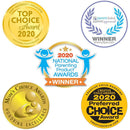 Collection of award seals for the Chicco Feeding Physioforma Orthodontic Silicone Pacifier, highlighting its recognitions in 2020.