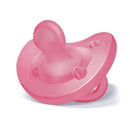 Orthodontic silicone pacifier in pink for ages 6-16 months, featuring a rounded shape and side handles for easy grip.