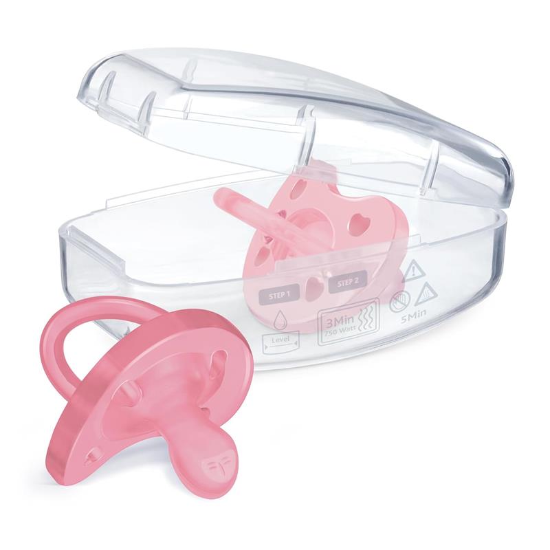 Chicco Physioforma orthodontic silicone pacifiers in pink for ages 6-16 months, displayed in a clear case.