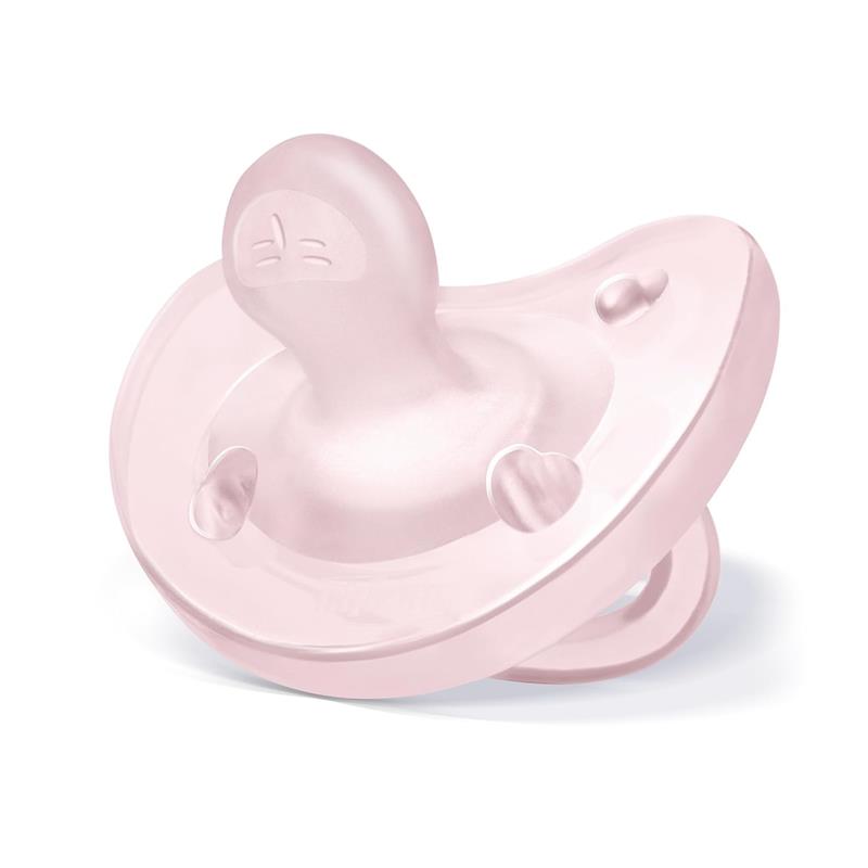 Soft pink silicone pacifier with orthodontic design for infants 0-6 months, featuring ventilation holes and a smooth surface.