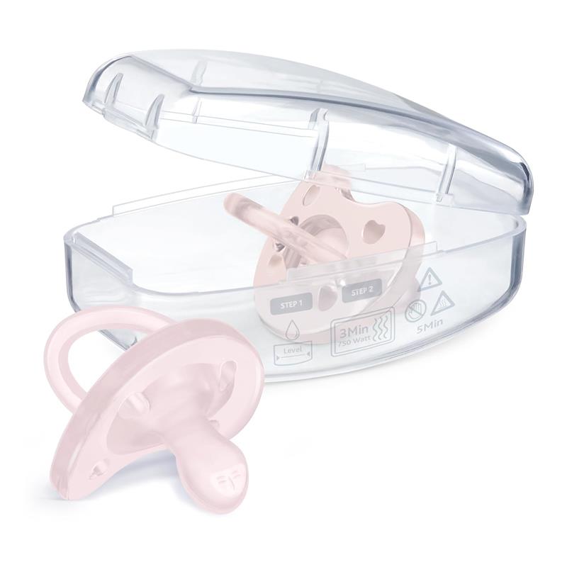 Chicco Physioforma orthodontic silicone pacifier in soft pink, with a clear sterilizing case, suitable for infants 0-6 months.