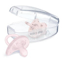 Chicco Physioforma orthodontic silicone pacifier in soft pink, with a clear sterilizing case, suitable for infants 0-6 months.