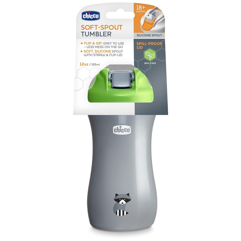 Chicco Soft Spout Tumbler in green and gray, features a silicone spout, spill-proof lid, and raccoon design, for ages 18 months+.