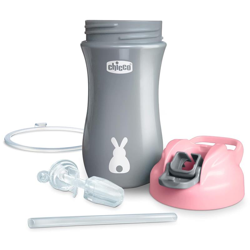 Chicco Feeding Soft Spout Tumbler 12Oz, 18M+, in pink and grey, includes a soft spout, straw, and lid featuring a bunny design.