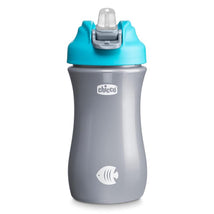 Chicco soft spout tumbler in teal and gray, designed for children 18 months and older, featuring a fish graphic.