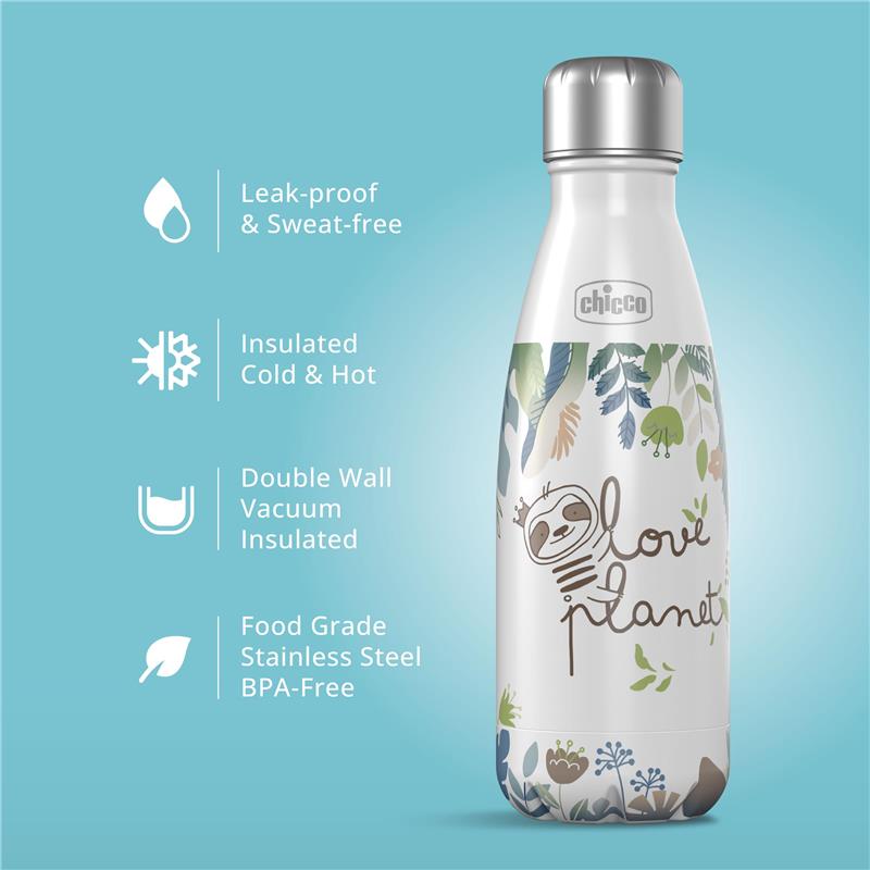 Stainless steel insulated water bottle by Chicco, 12oz, pink design featuring sloth and plant graphics. BPA-free.