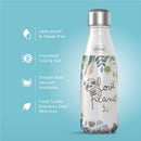 Stainless steel insulated water bottle by Chicco, 12oz, pink design featuring sloth and plant graphics. BPA-free.