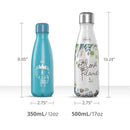 Chicco stainless steel insulated water bottle in pink, 12oz size, featuring a cute animal design and dimensions displayed.