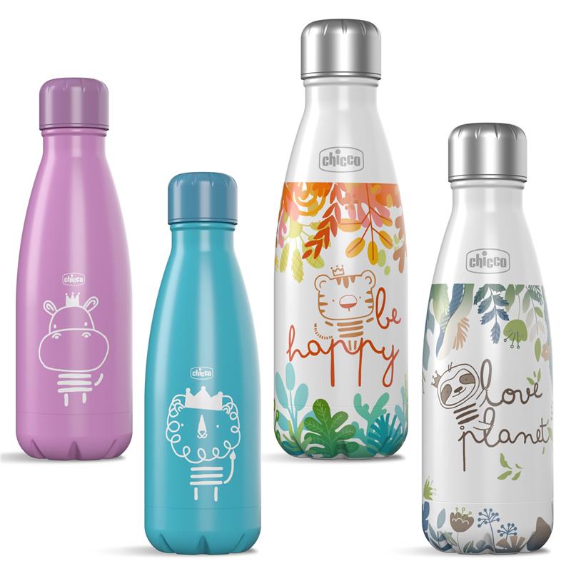 Stainless steel insulated water bottles by Chicco, featuring playful animal designs and vibrant colors.
