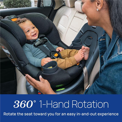 Chicco Fit360 ClearTex Rotating Convertible Car Seat in Carbon/Grey with a smiling child seated, showcasing 360° rotation feature.