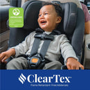 Chicco Fit360 ClearTex Rotating Convertible Car Seat in Carbon/Grey, featuring a smiling child securely buckled inside.