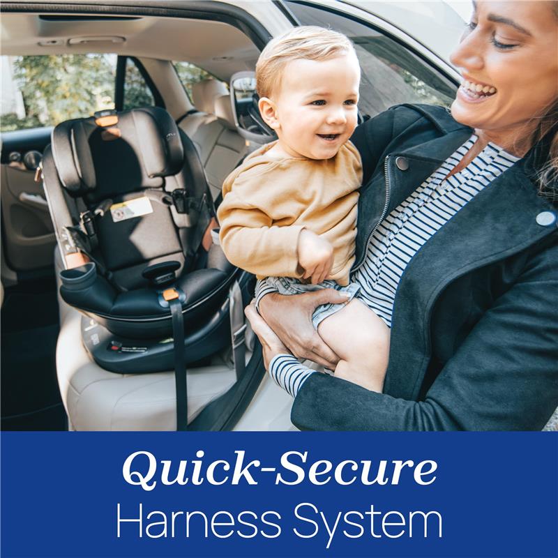 Chicco Fit360 Zip ClearTex Rotating Convertible Car Seat features a Quick-Secure Harness System, shown with a smiling parent and child.