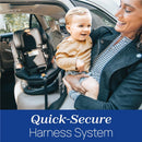 Chicco Fit360 Zip ClearTex Rotating Convertible Car Seat features a Quick-Secure Harness System, shown with a smiling parent and child.