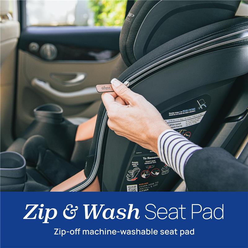 Chicco Fit360 Zip ClearTex Rotating Convertible Car Seat with a focus on the zip-off, machine-washable seat pad and its instructions.
