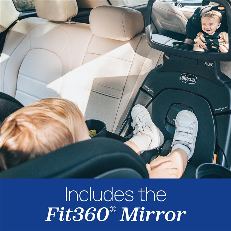 Chicco Fit360 Zip ClearTex Rotating Convertible Car Seat in Jet with a smiling child visible in the Fit360 mirror.