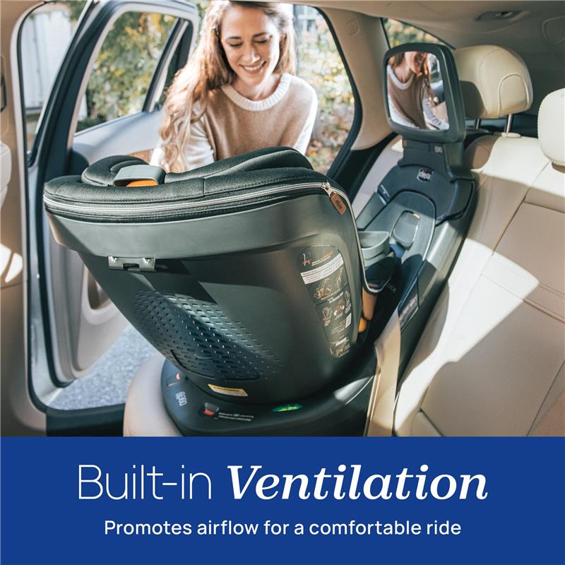 Chicco Fit360 Zip ClearTex Rotating Convertible Car Seat displayed in a vehicle, featuring built-in ventilation for airflow.