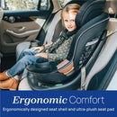Chicco Fit360 Zip ClearTex Rotating Convertible Car Seat in Jet color with a child seated, showcasing ergonomic design and cup holders.