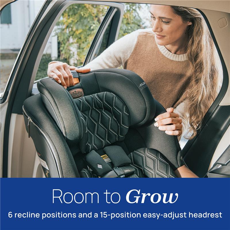 Chicco Fit360 Zip ClearTex Rotating Convertible Car Seat in Jet, showcasing a parent adjusting the seat with a focus on comfort features.