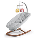 Chicco Float Baby Seat in gray with a quilted design, featuring a mobile with hanging toys.