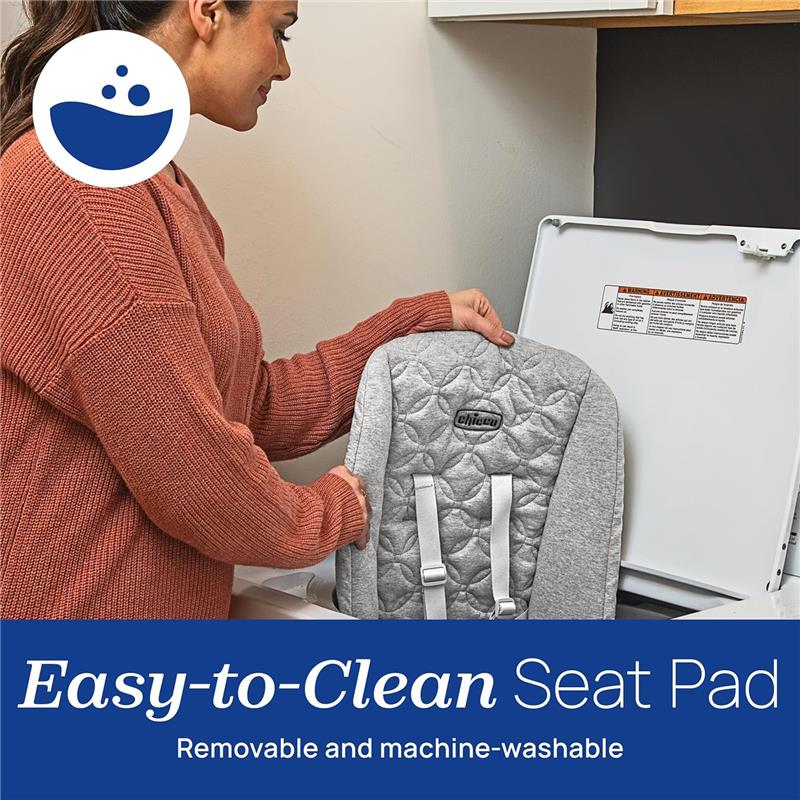 Removable and machine-washable grey seat pad for the Chicco Float Baby Seat, with a woman placing it in a washing machine.