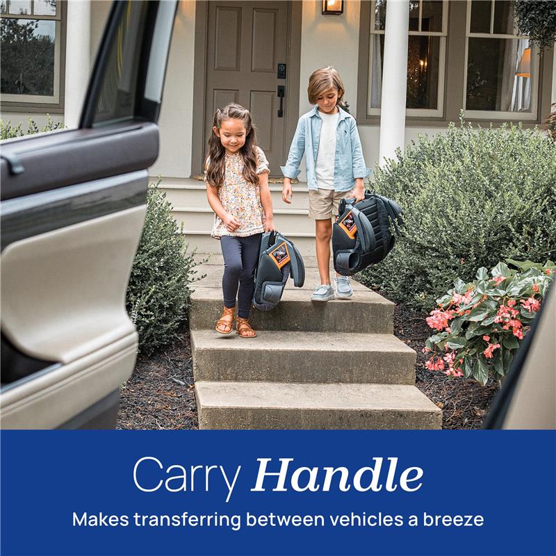Two children descend stairs carrying Chicco GoFit ClearTex Plus backless booster car seats, highlighting the convenient carry handle.