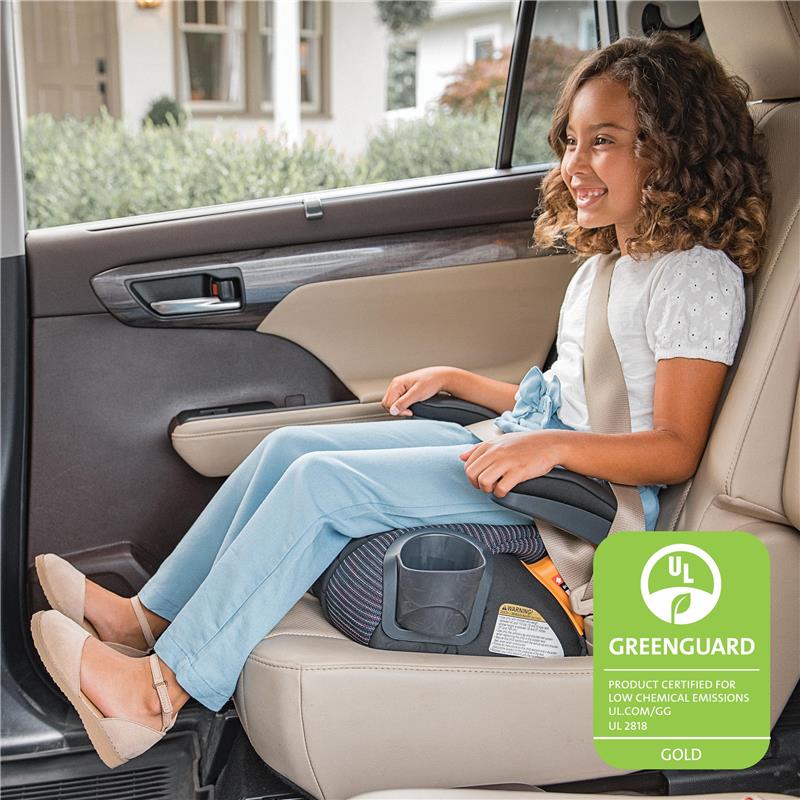 Backless booster car seat in obsidian/black, featuring a girl secured with a seat belt, smiling in a vehicle.