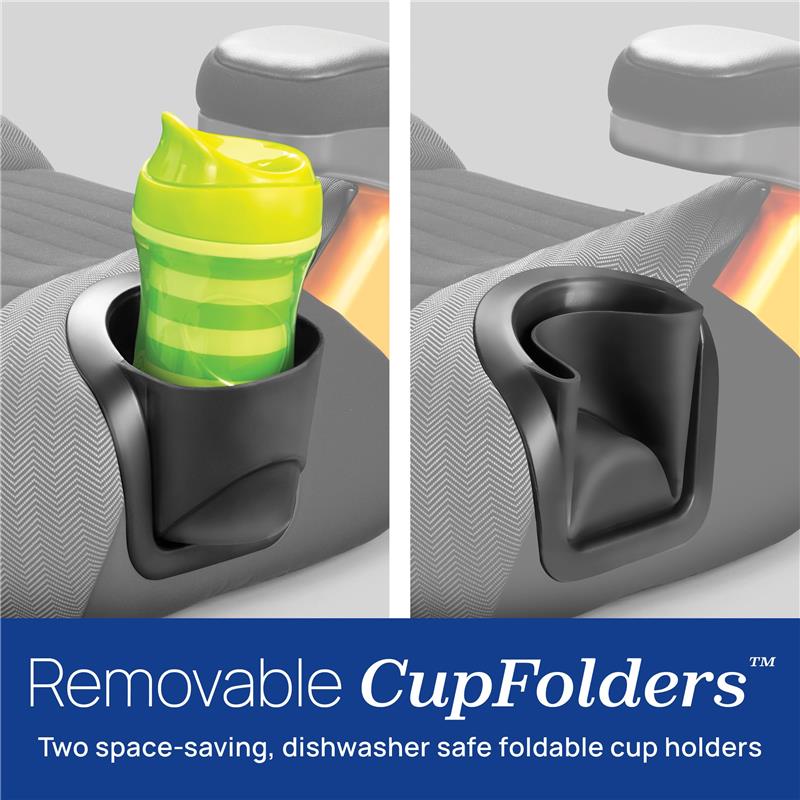 Backless booster car seat cup holders shown in two positions: one with a green drink and one folded, featuring a blue description label.