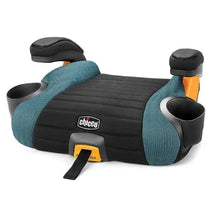 Chicco GoFit Plus Backless Booster Car Seat in Stream color, featuring a textured black surface with teal sides and cup holders.