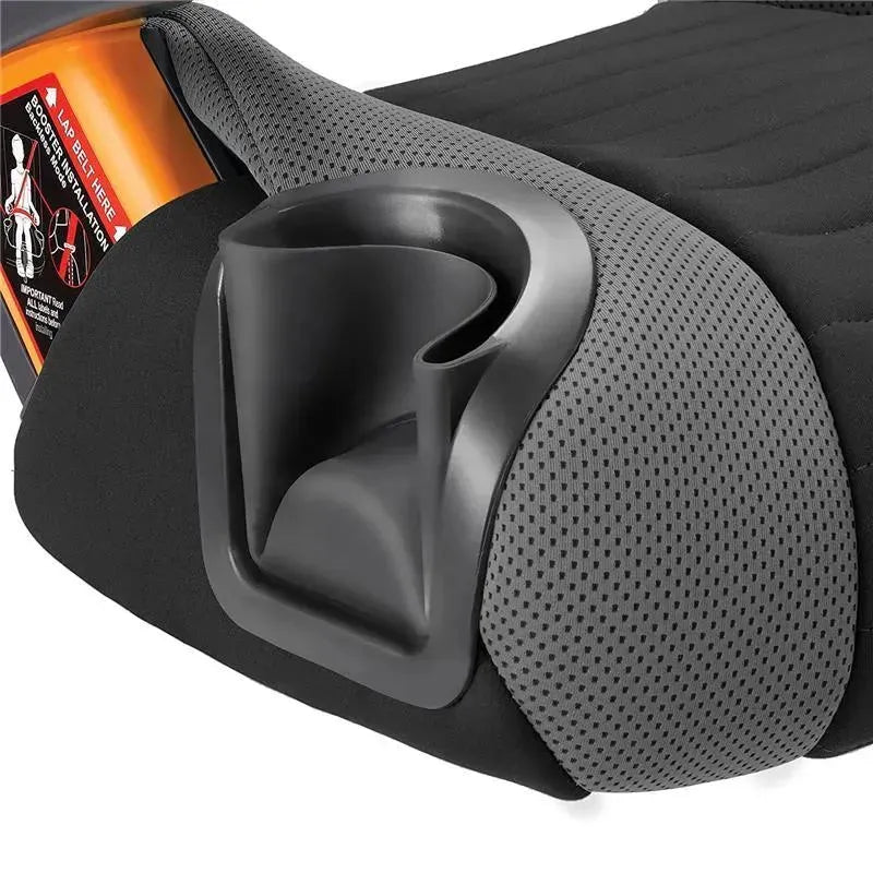 Back view of the Chicco GoFit Plus backless booster car seat, featuring a cup holder and textured side panel.