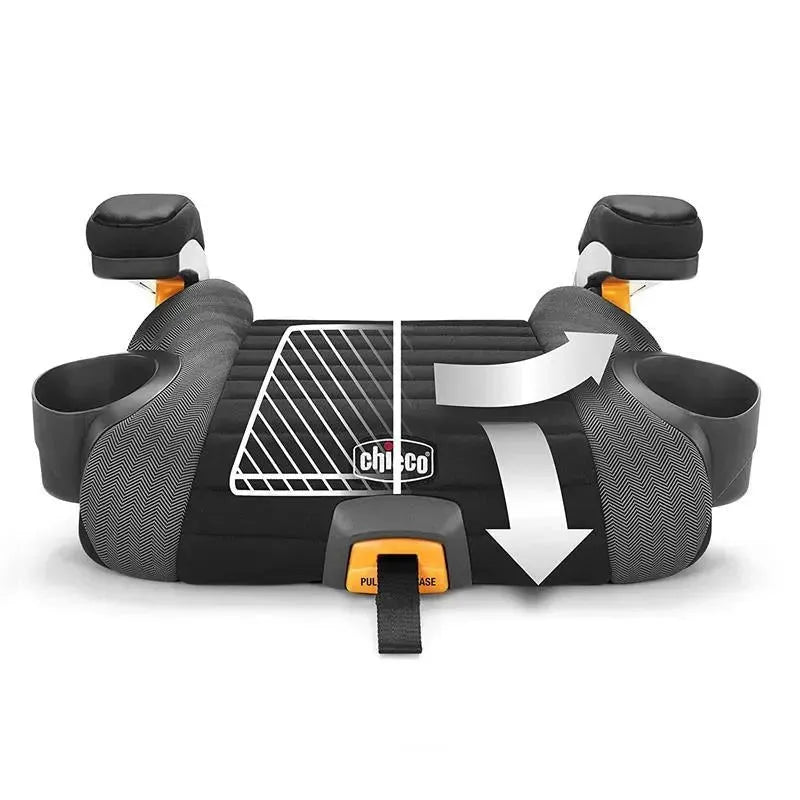 Chicco GoFit Plus Backless Booster Car Seat in black with cup holders, showcasing adjustable features and safety design details.