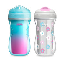 Chicco Insulated Rim Spout Trainer Sippy Cups in teal and pink, featuring floral designs, 9 oz each, 12 months+.