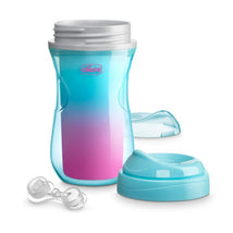 Chicco Insulated Rim Spout Trainer Sippy Cup set, featuring teal and pink gradient design, includes removable lid and parts.