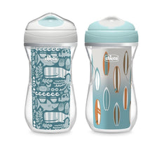 Chicco insulated spout trainer sippy cup set, featuring ocean-themed designs and colors suitable for children 12 months and up.