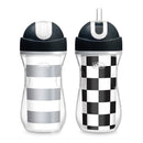 Chicco Insulated Straw Sippy Cup 12+ Months, 9oz, featuring a spill-free flip-top lid, black and white checkered design.