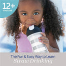 Chicco insulated straw sippy cup for toddlers, featuring a spill-free lid, held by a young child.