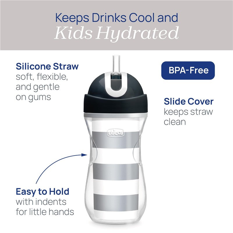 Chicco insulated straw sippy cup for toddlers, 9oz capacity, features a spill-free lid, silicone straw, and BPA-free design.